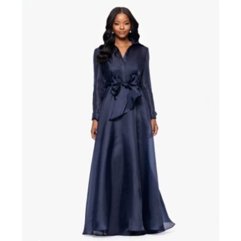 Betsy & Adam Navy Blue Organza Shirt Dress Gown Long Sleeve Formal Maxi Sash Tie